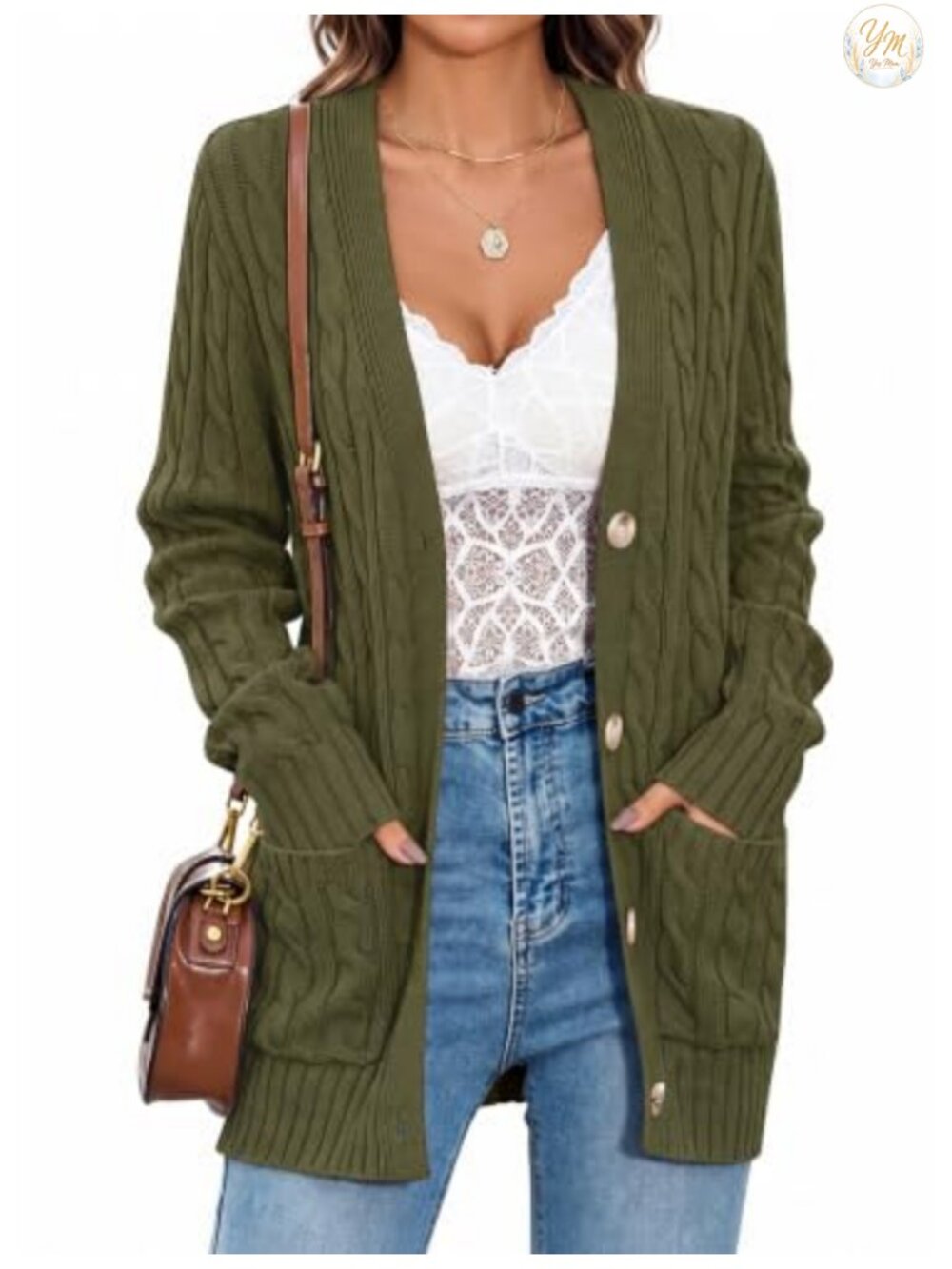 Cable Knit Button Up Oversized Cardigan Sweater with Pockets